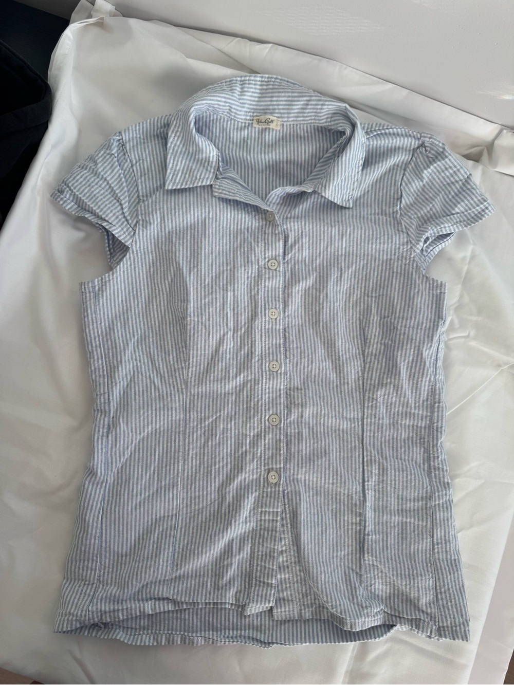 John Glat Light Blue Striped Button-Down Cap Sleeve Top